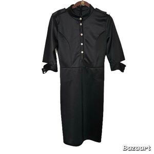 Womens Misses Lapel Black Button-Up Dress 1/2 Button Cut Out Sleeves Zippered